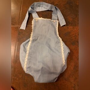 Vintage Handmade Blue Baby Romper with Lace Trim